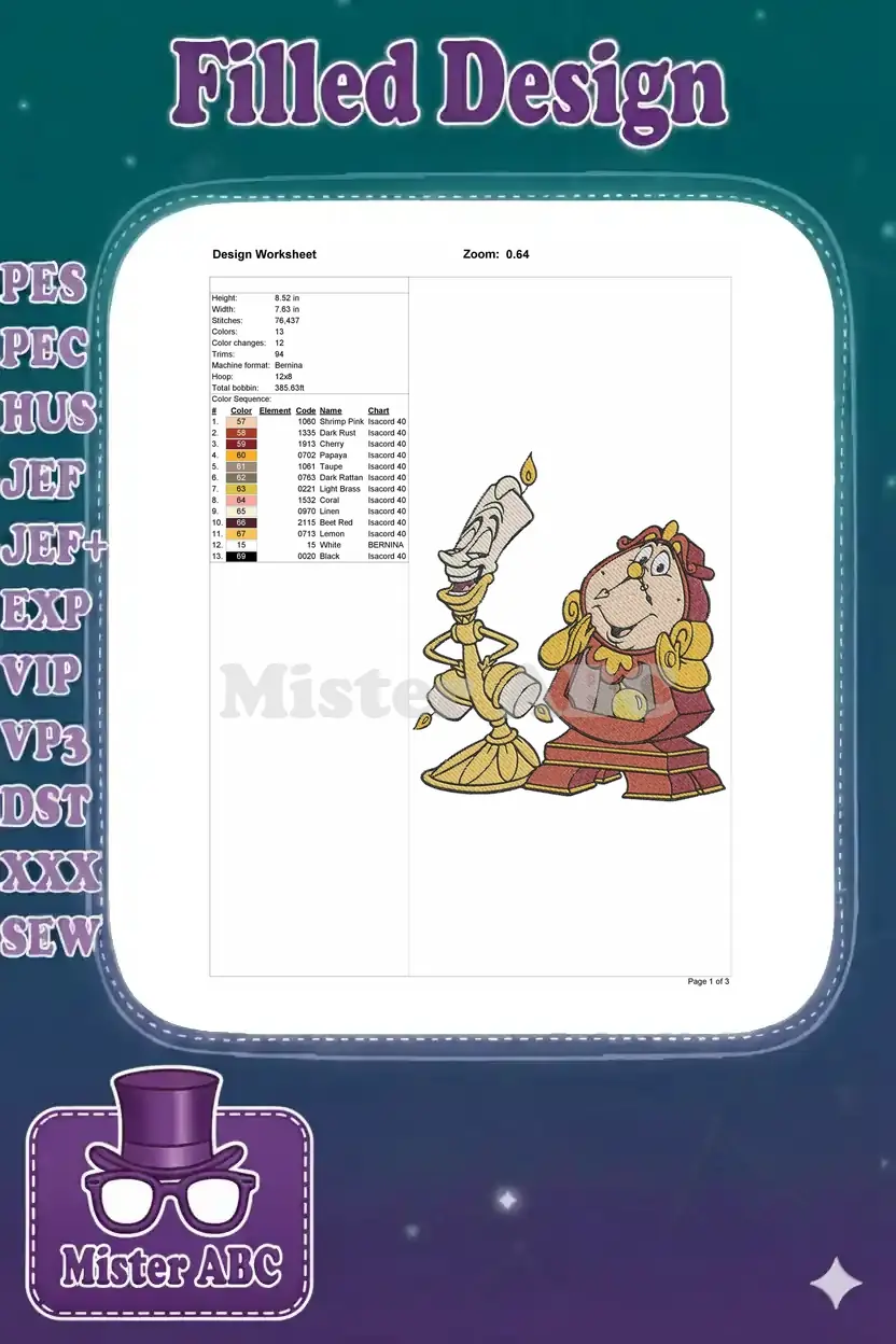 Embroidery design worksheet detailing stitch count, dimensions, color sequence, and thread codes for the Lumiere design.
