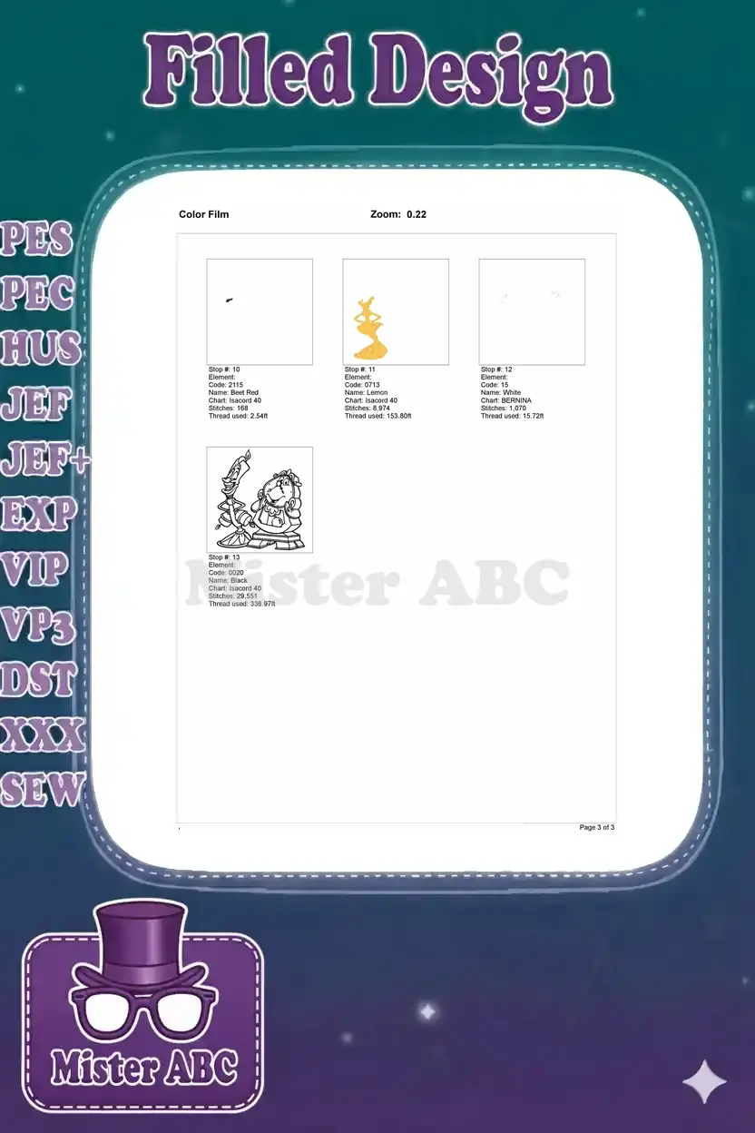 Second page of the color film, completing the sequence of embroidery stitch stops and thread usage details.
