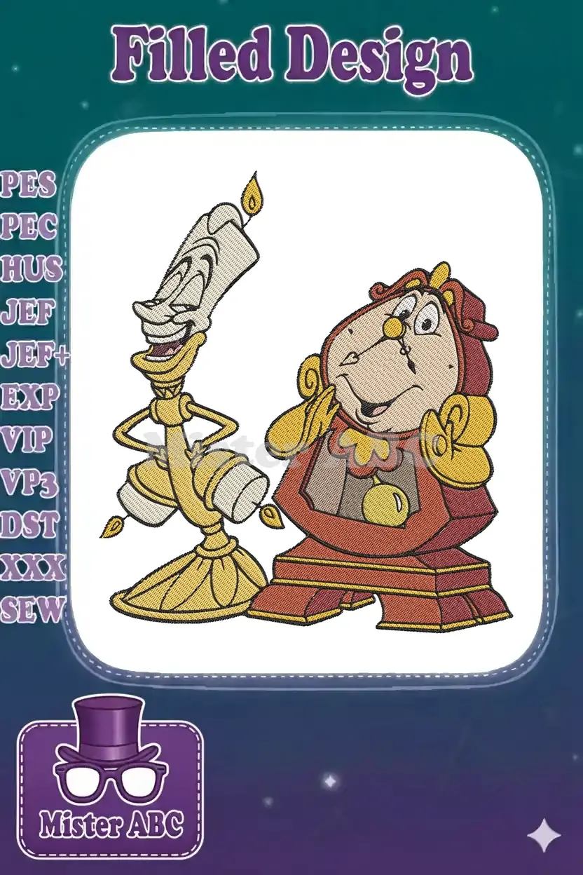 Vibrant embroidery of Lumiere and Cogsworth from Beauty and the Beast, showcasing intricate detail and rich colors.