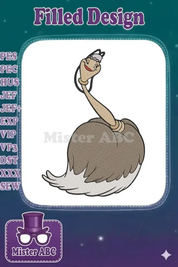 Vibrant embroidery design featuring an elegant cartoon ballet ostrich with a smiling face and flowing feathery skirt.