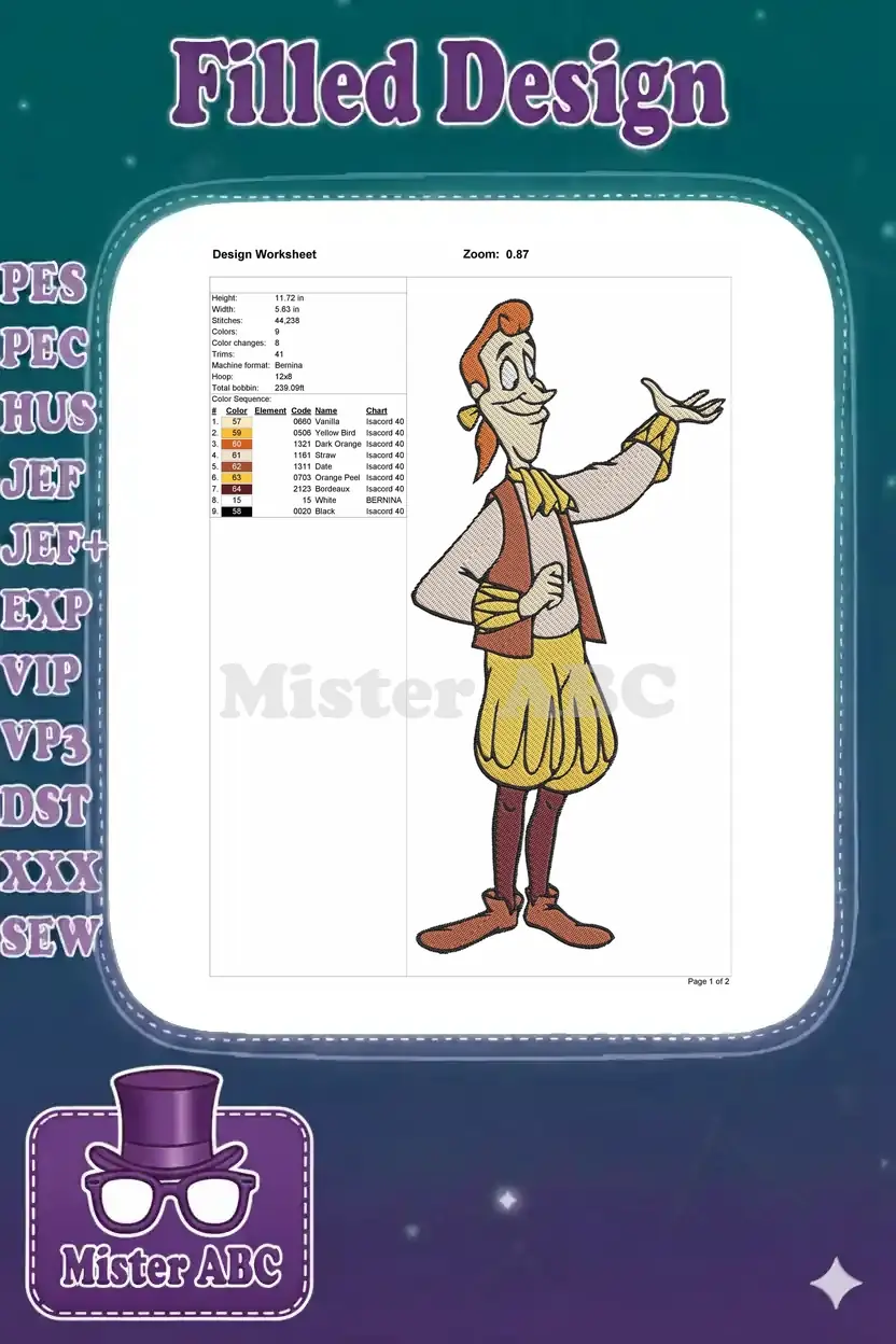 A detailed embroidery design worksheet showing dimensions, stitch count, color sequence, and thread codes.