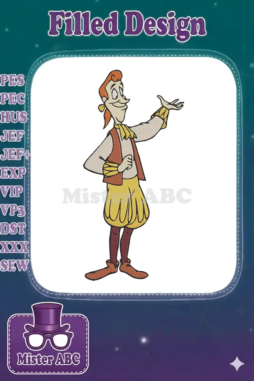 A vibrant embroidery design of a classic animated character with red hair, a yellow cravat, and a brown vest.