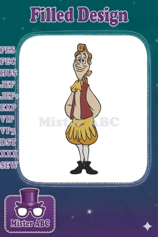 Full-color embroidery design of LeFou from Beauty and the Beast, standing with hands on hips, showcasing detailed stitching.