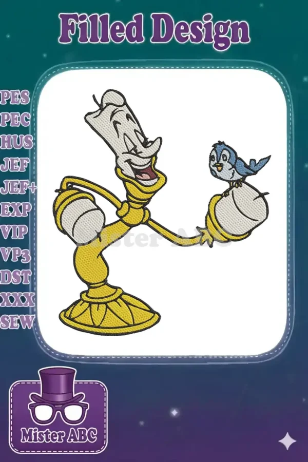 A delightful embroidery design of Lumiere, the charming candelabra from Beauty and the Beast, interacting with a small blue bird.