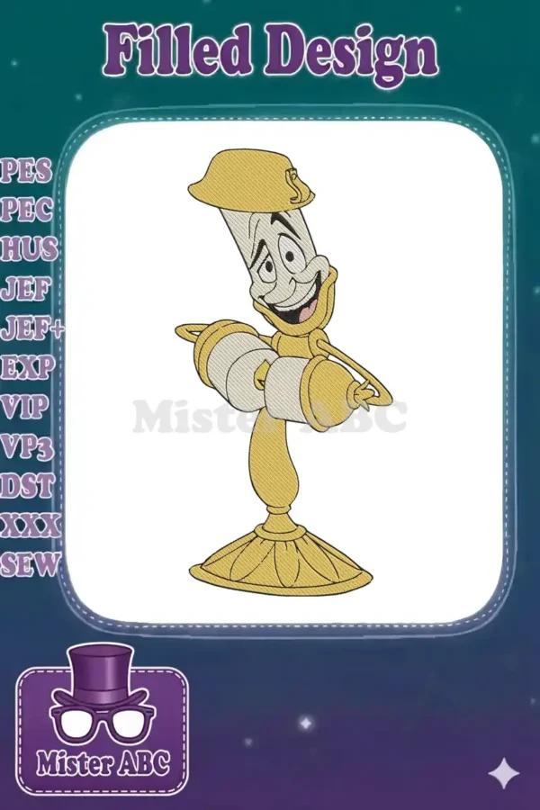 Vibrant embroidery design of Lumiere from Beauty and the Beast, showing his joyful, dancing pose.