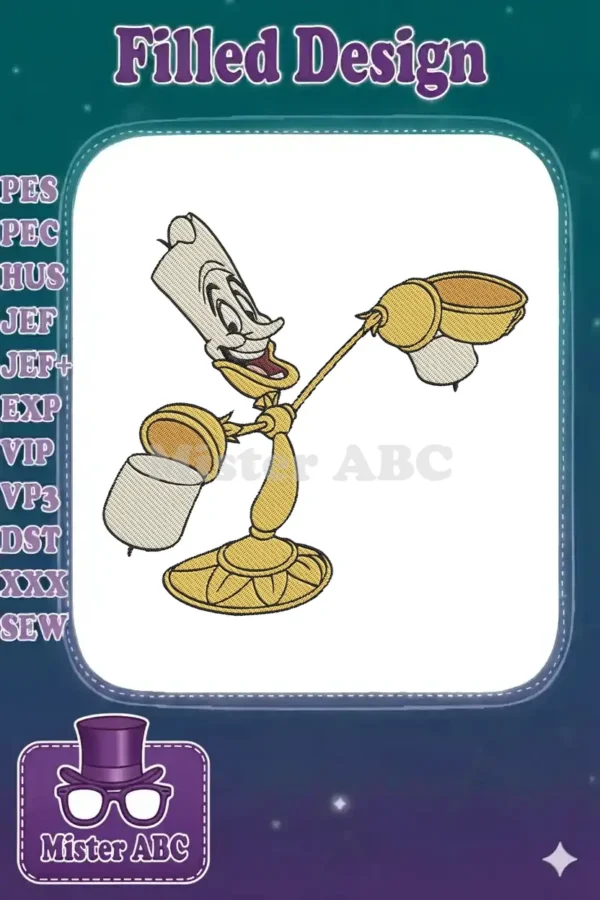 A vibrant embroidery design of Lumiere, the charming candelabra from Disney's Beauty and the Beast, in full detail.