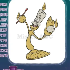 Detailed embroidery design of Lumiere, the charming candelabra from Disney's Beauty and the Beast, smiling brightly.