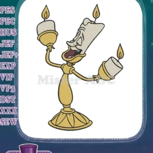 A vibrant embroidery design of Lumiere, the charming candelabra from Beauty and the Beast, with a cheerful expression.