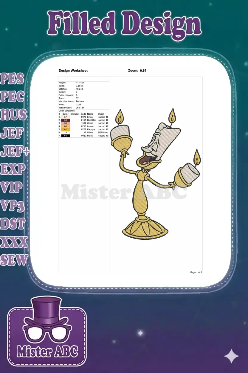Detailed embroidery design worksheet for Lumiere, showing dimensions, stitch count, color sequence, and thread types.