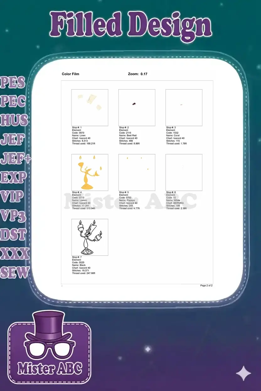 Embroidery color film breakdown for Lumiere, illustrating each stitching step and color application in sequence.