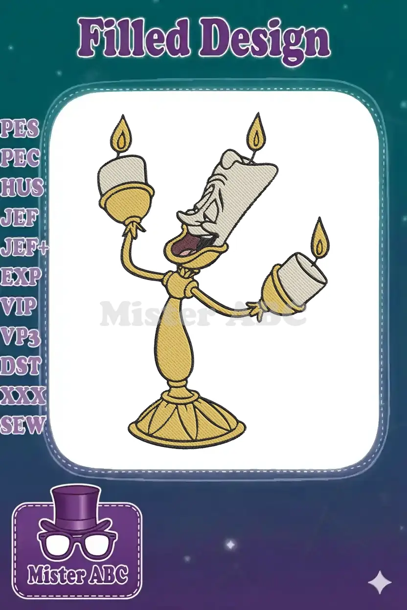 A vibrant embroidery design of Lumiere, the charming candelabra from Beauty and the Beast, with a cheerful expression.