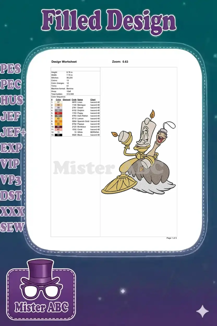 Detailed embroidery design worksheet for Lumiere and Plumette, showing dimensions, stitch count, and color sequence.