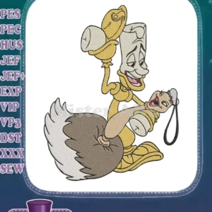 Vibrant embroidery of Lumiere dancing with Fifi the feather duster, featuring satin and fill stitches.