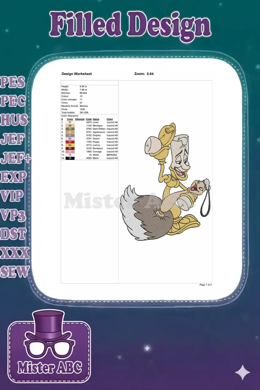 Detailed embroidery design worksheet showing dimensions, stitch count, color changes, and thread chart.