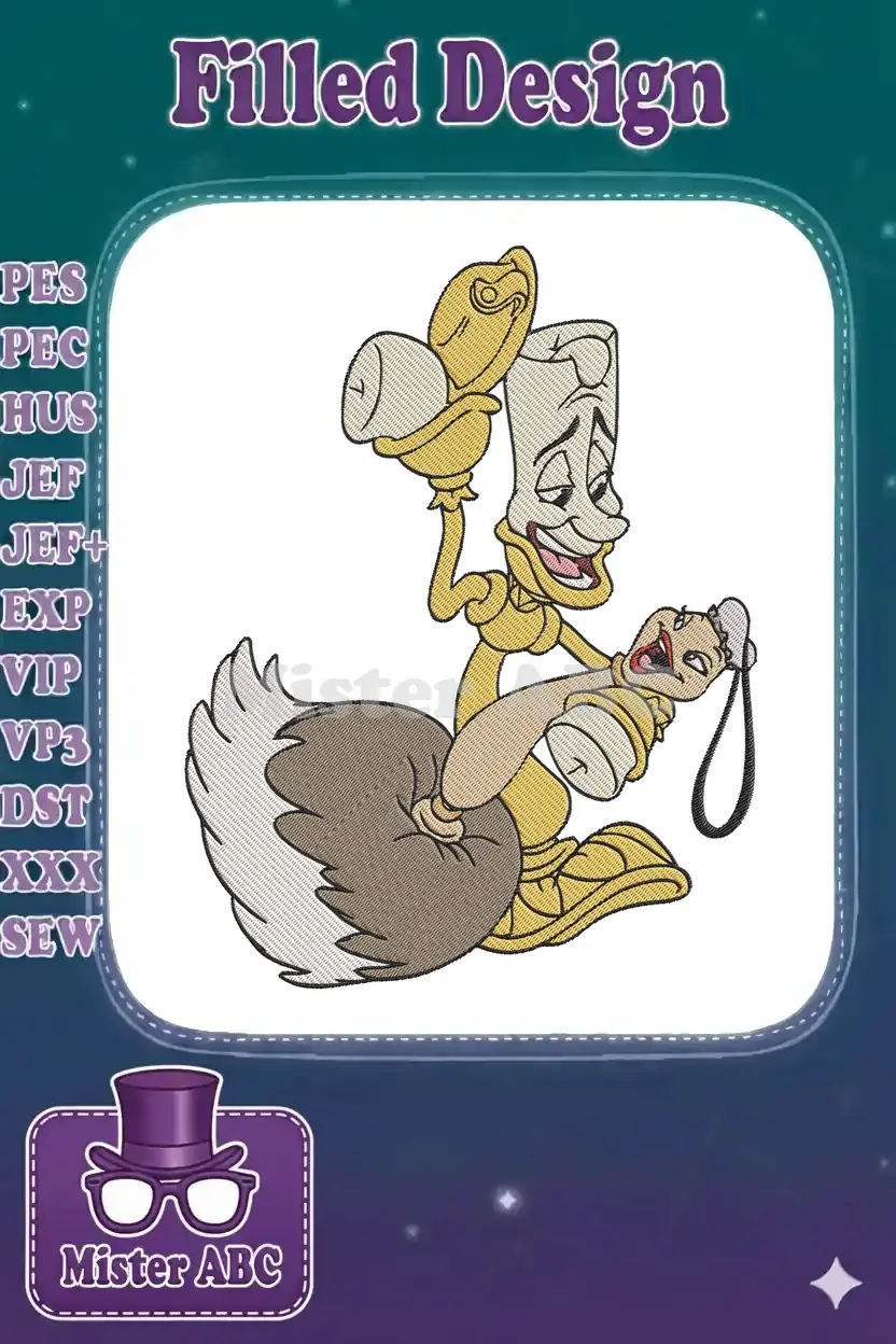 Vibrant embroidery of Lumiere dancing with Fifi the feather duster, featuring satin and fill stitches.