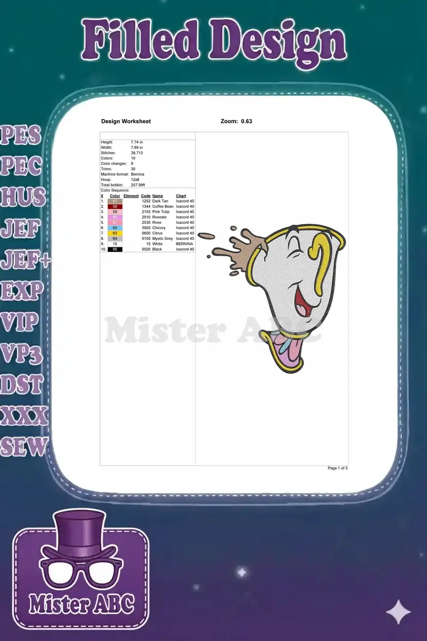 Embroidery design worksheet for Chip, detailing size, stitch count, color sequence, and machine formats.