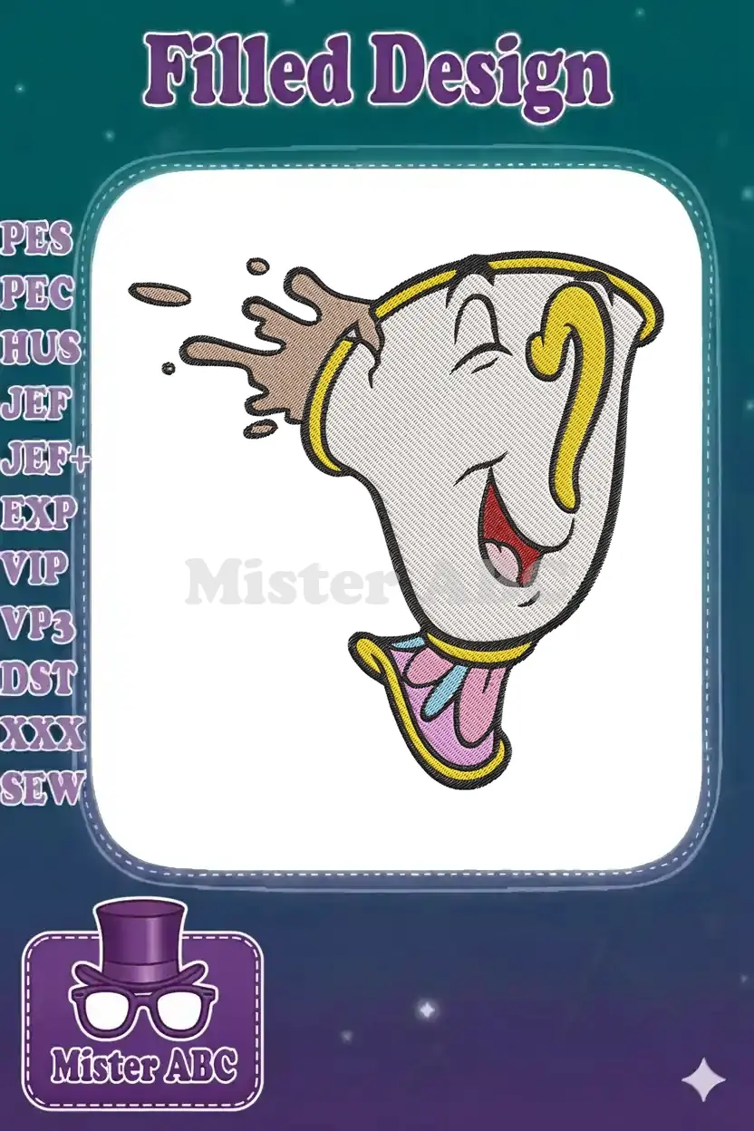 Detailed embroidery design of Chip from Beauty and the Beast, spilling a brown liquid, with a cheerful expression.