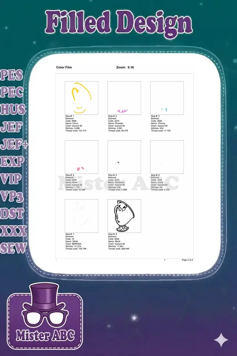 Color film showing the embroidery design broken down by individual color stops and thread usage details.