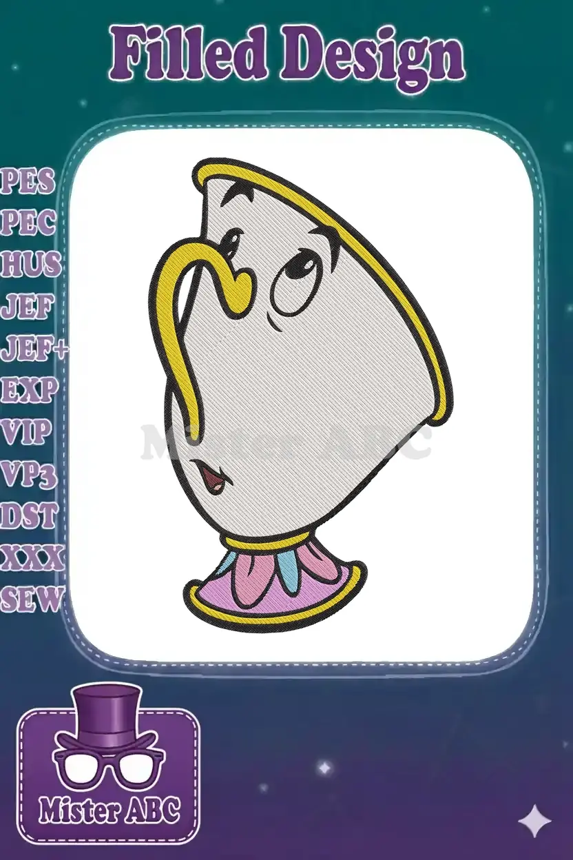 Vibrant embroidery design of Chip, the cheerful teacup from Disney's Beauty and the Beast, with expressive eyes.