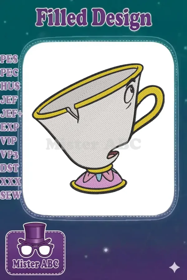 Whimsical embroidery of Chip the teacup from Beauty and the Beast, featuring his iconic chipped rim and cheerful face.