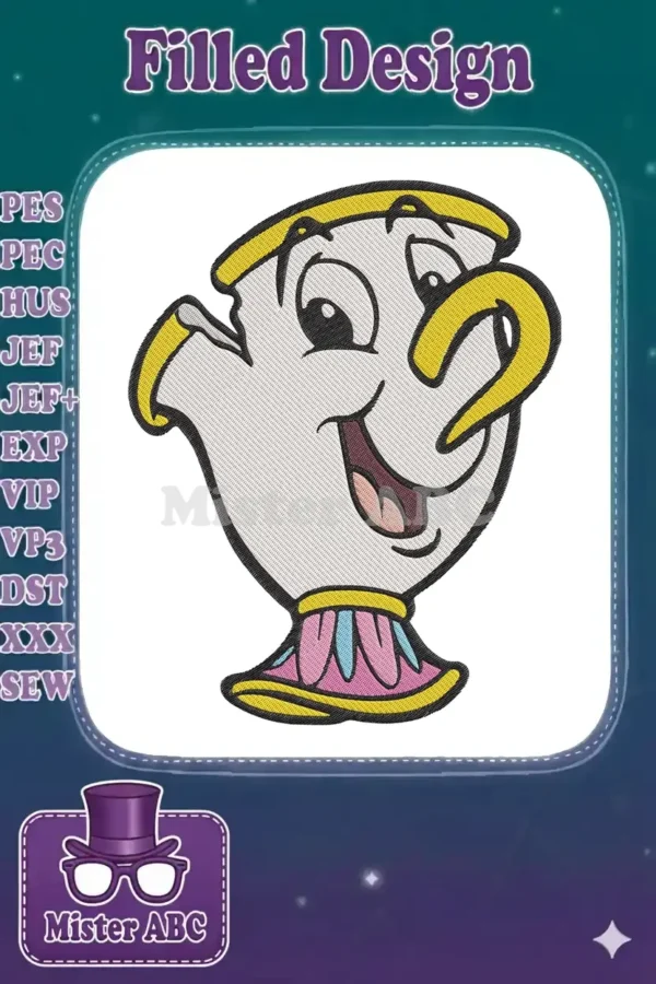 Adorable embroidery design of Chip the teacup from Beauty and the Beast, featuring a wide, joyful smile.