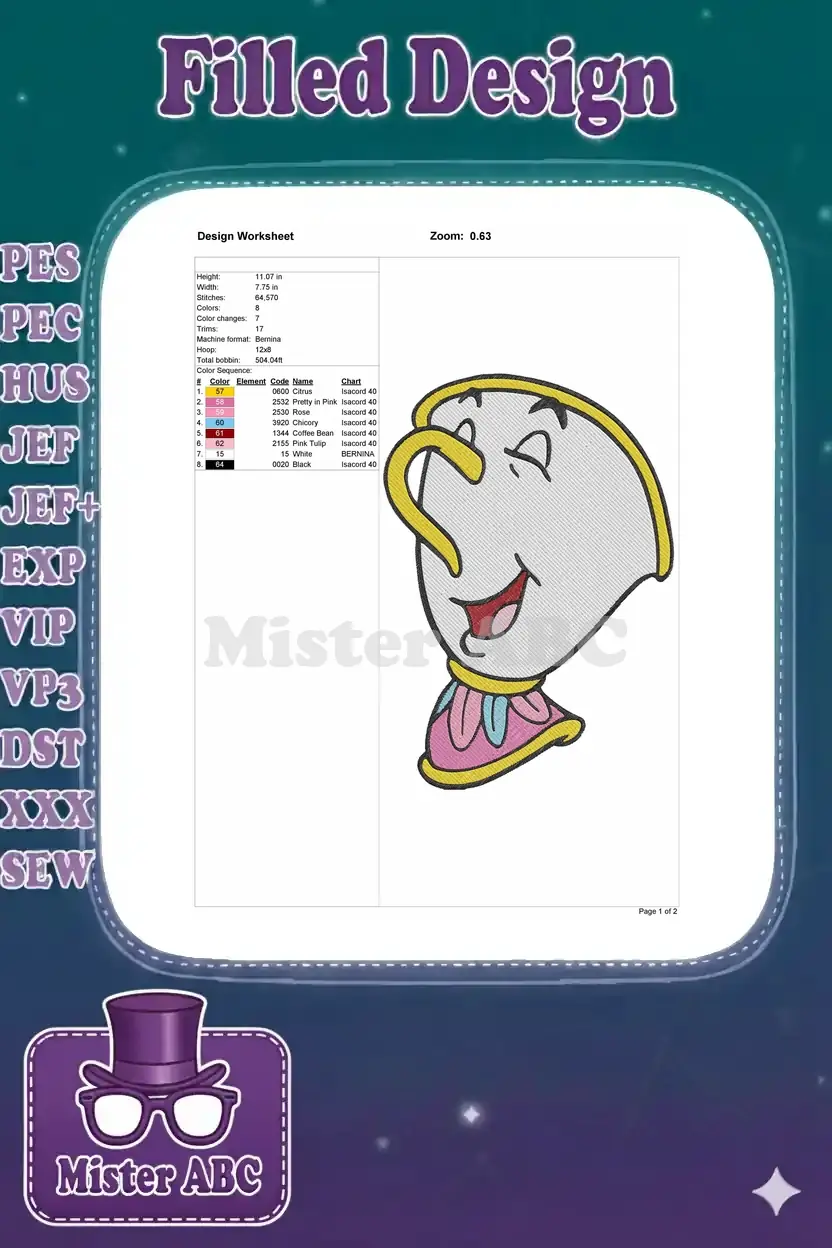 Embroidery design worksheet for Chip, detailing dimensions, stitch count, color sequence, and thread codes.