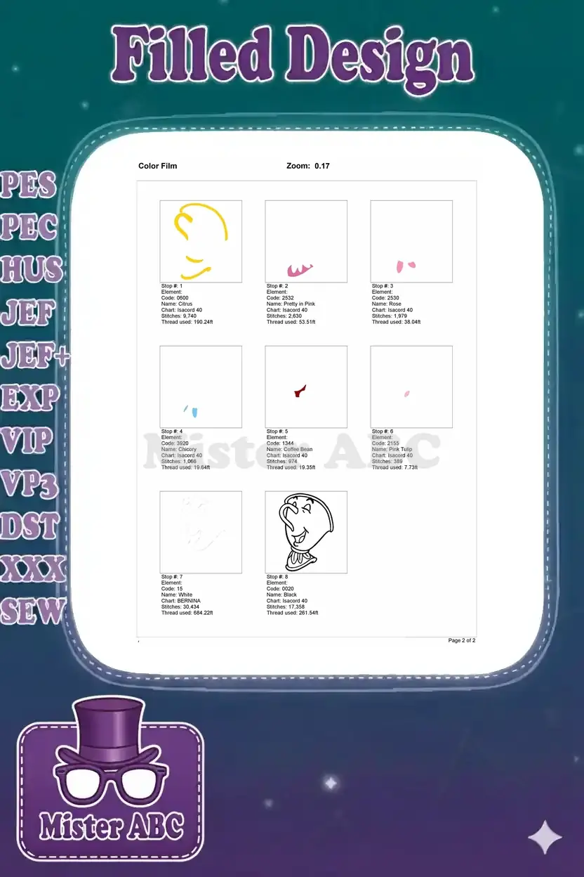Color film breakdown for the Chip embroidery design, showing each stitch stop and thread usage.