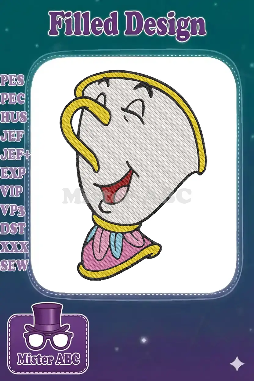 Close-up of the adorable Chip embroidery design from Beauty and the Beast, featuring his cheerful expression.