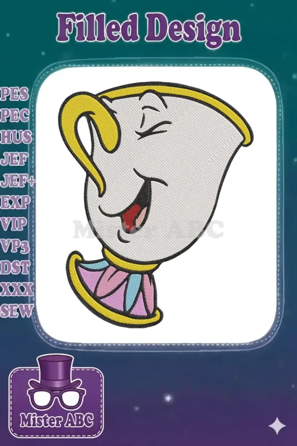 A vibrant embroidery design of Chip from Disney's Beauty and the Beast, smiling with a playful expression.