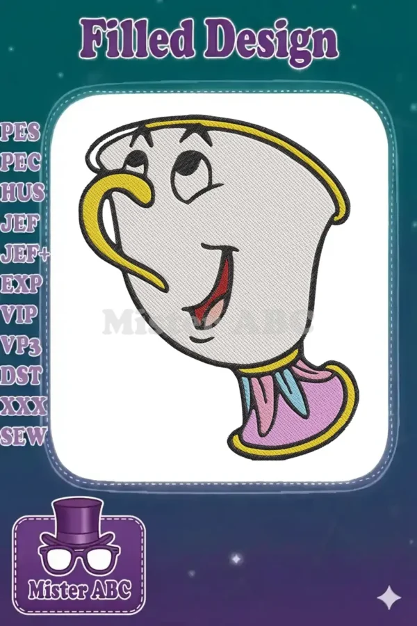 A vibrant machine embroidery design featuring Chip, the cheerful teacup from Disney's Beauty and the Beast, smiling.