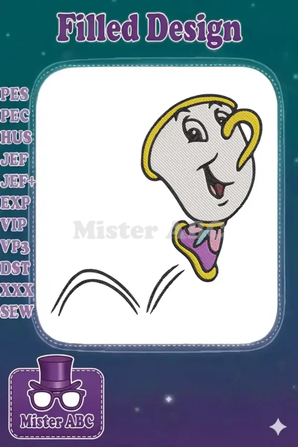 A playful embroidery design of Disney's Chip the teacup, captured mid-jump with detailed stitching and vibrant colors.