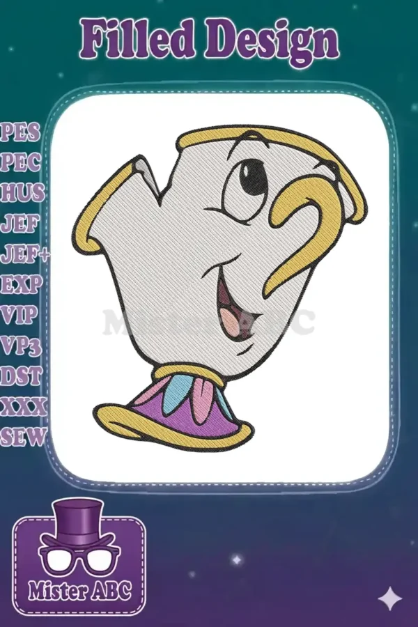 Charming embroidery design of Chip, the talking teacup from Disney's Beauty and the Beast, smiling brightly.