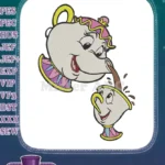 Mrs. Potts and Chip pouring tea cartoon embroidery designs - Instant Download