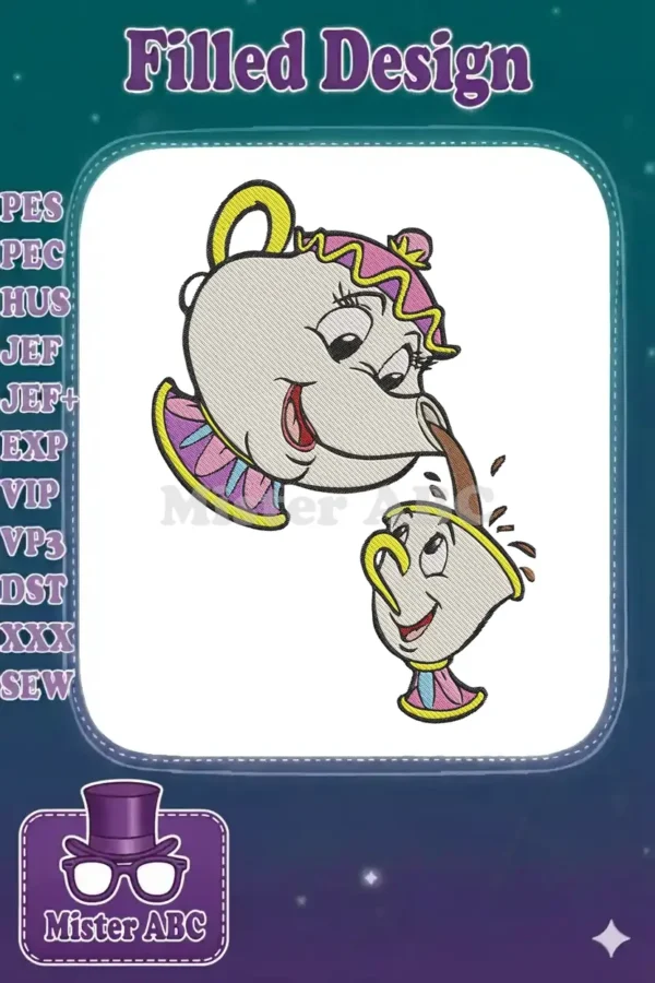 Embroidery design of Mrs. Potts pouring tea into Chip from Beauty and the Beast, featuring vibrant colors and detailed stitching.