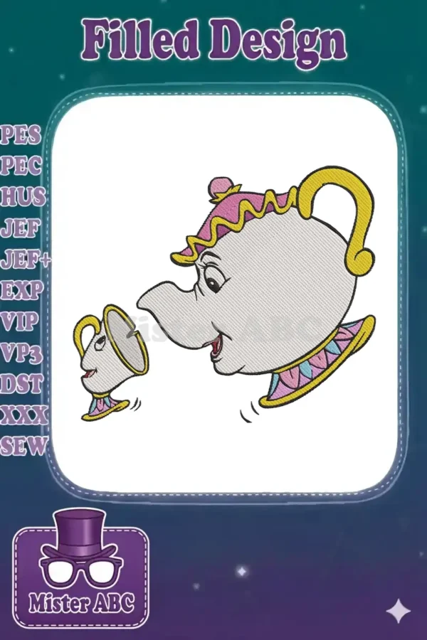 Detailed embroidery design of Mrs. Potts and Chip from Beauty and the Beast, featuring vibrant colors and precise stitching.