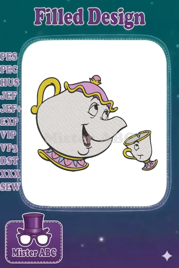 Vibrant embroidery design featuring cheerful Mrs. Potts and playful Chip from Disney's Beauty and the Beast.