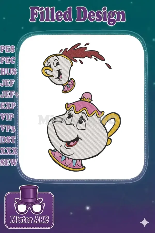 Detailed embroidery design of Mrs. Potts and Chip from Beauty and the Beast, featuring vibrant colors and expressive faces.