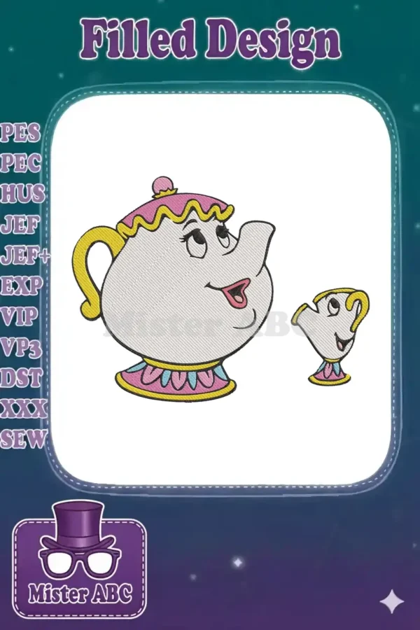 Embroidery design of Mrs. Potts and Chip from Beauty and the Beast, showing detailed stitch work and vibrant colors.