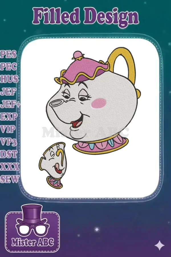 A vibrant embroidery design featuring Mrs. Potts and Chip from Beauty and the Beast, showcasing intricate details and colors.