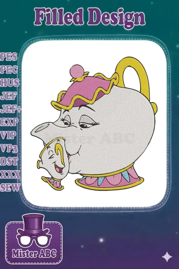 A heartwarming embroidery design of Mrs. Potts and her son Chip from Beauty and the Beast, sharing a sweet moment.