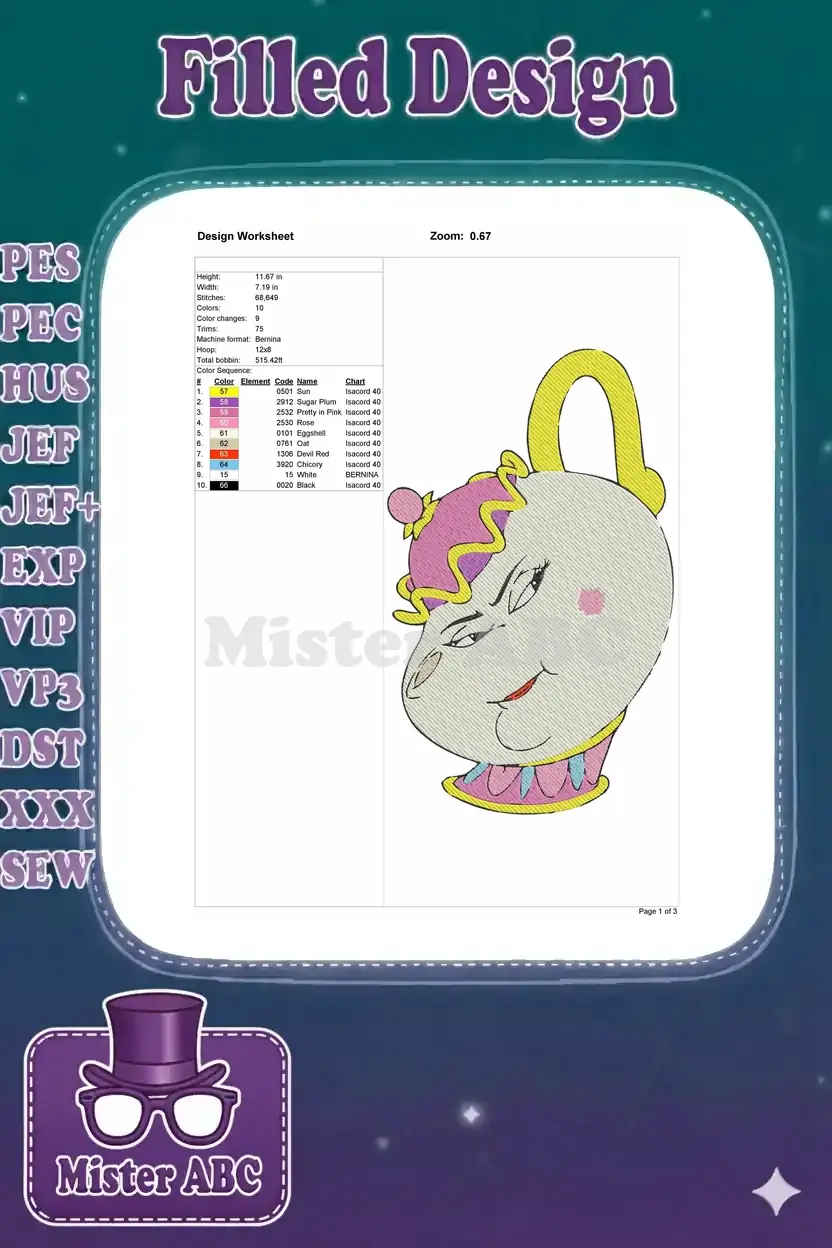 Embroidery design worksheet for Mrs. Potts, detailing dimensions, stitch count, color sequence, and machine specifications.