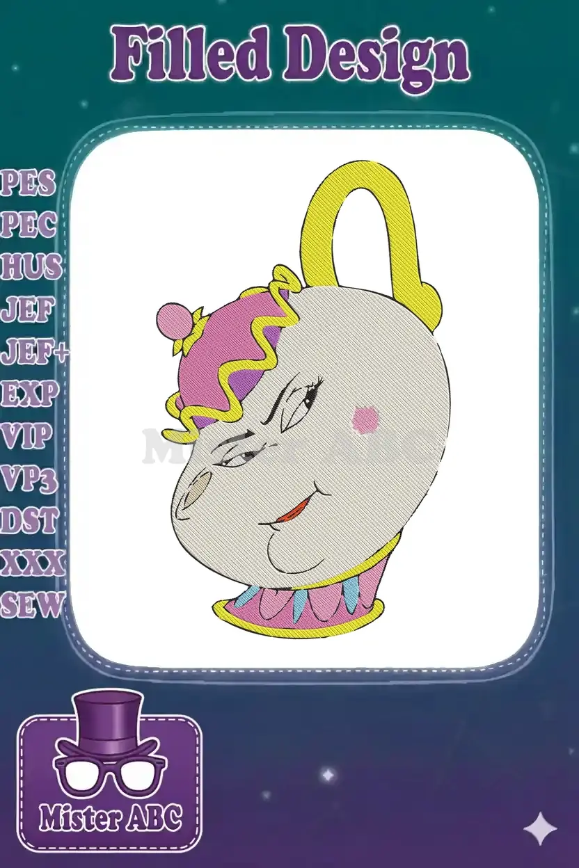 Vibrant Mrs. Potts embroidery design featuring her iconic smiling face, handle, and lid, perfect for Disney projects.