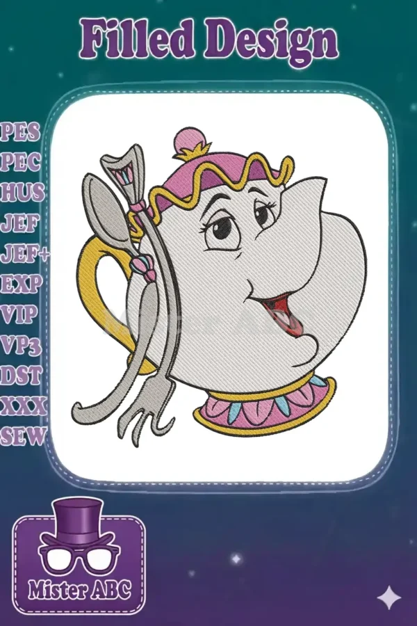 Delightful Chip from Beauty and the Beast embroidery design, featuring his iconic smile and holding a spoon and fork.