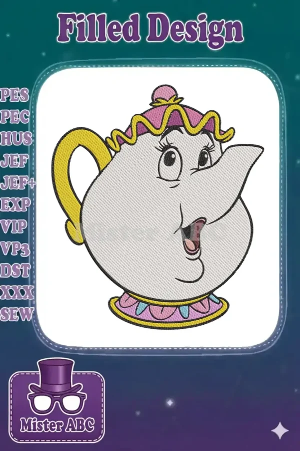 A vibrant embroidery design of Mrs. Potts, the cheerful teapot from Beauty and the Beast, with a friendly smile.