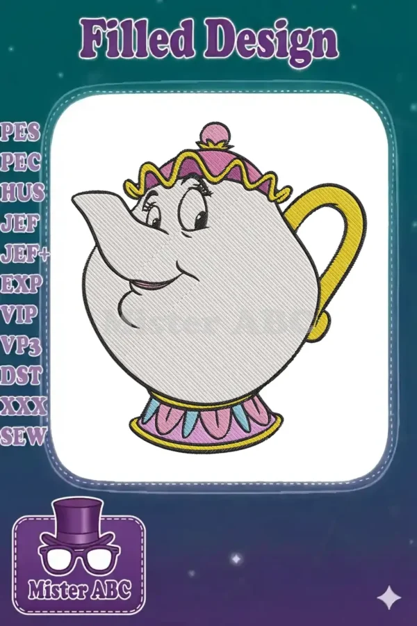 A detailed embroidery design featuring Mrs. Potts from Disney's Beauty and the Beast, smiling cheerfully.