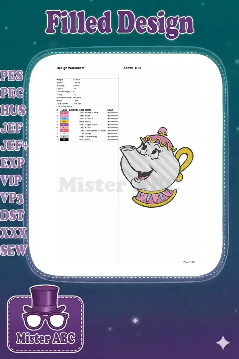 Embroidery design worksheet for Mrs. Potts, detailing dimensions, stitch count, color sequence, and machine info.