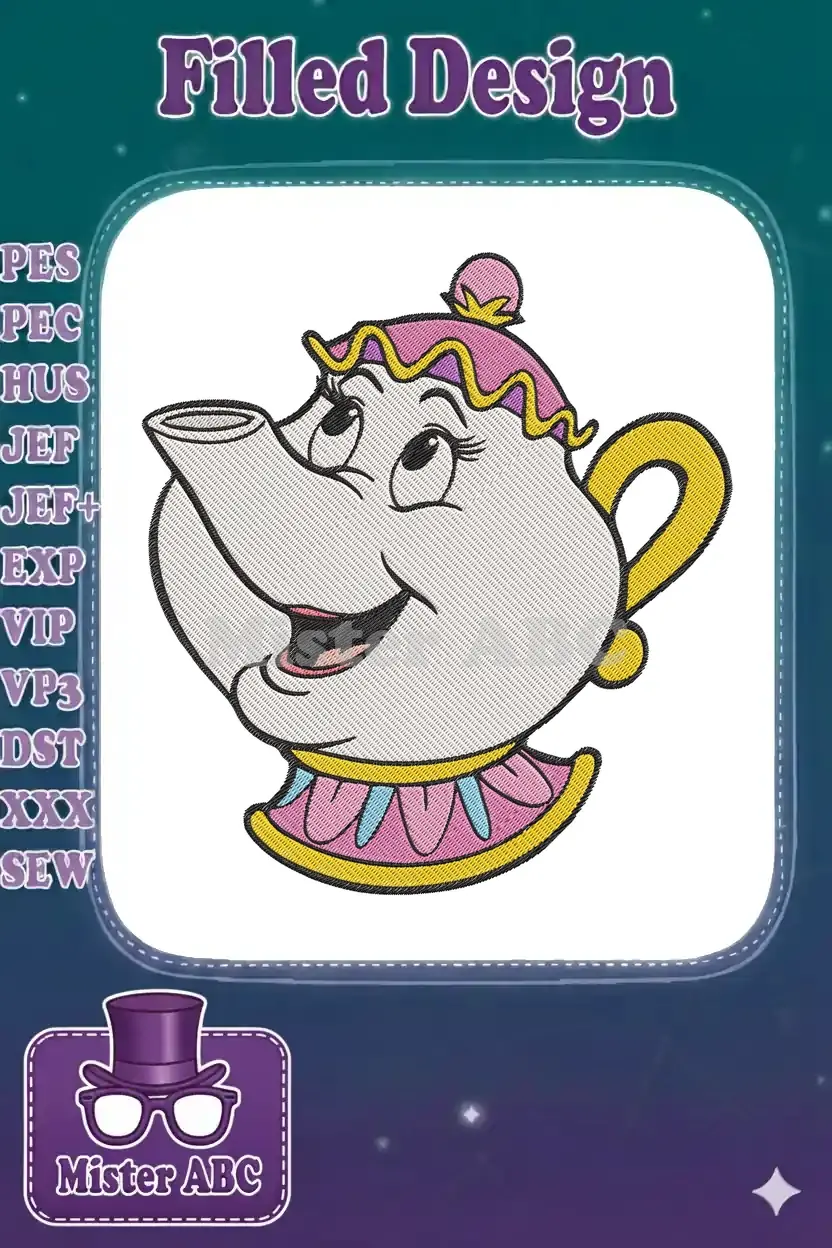 A vibrant embroidery design of Mrs. Potts from Beauty and the Beast, featuring her smiling face and teapot form.