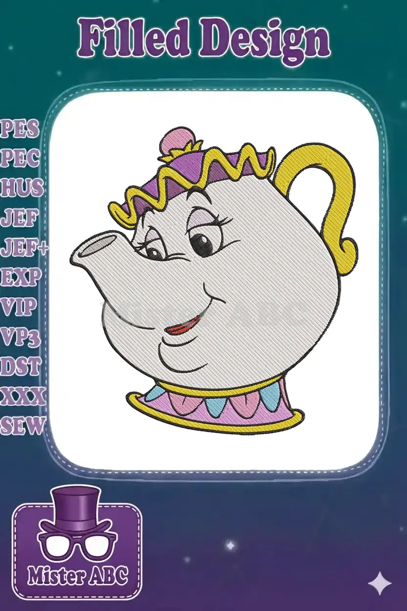 Close-up of the Mrs. Potts embroidery design from Disney's Beauty and the Beast, showcasing intricate stitching and vibrant colors.
