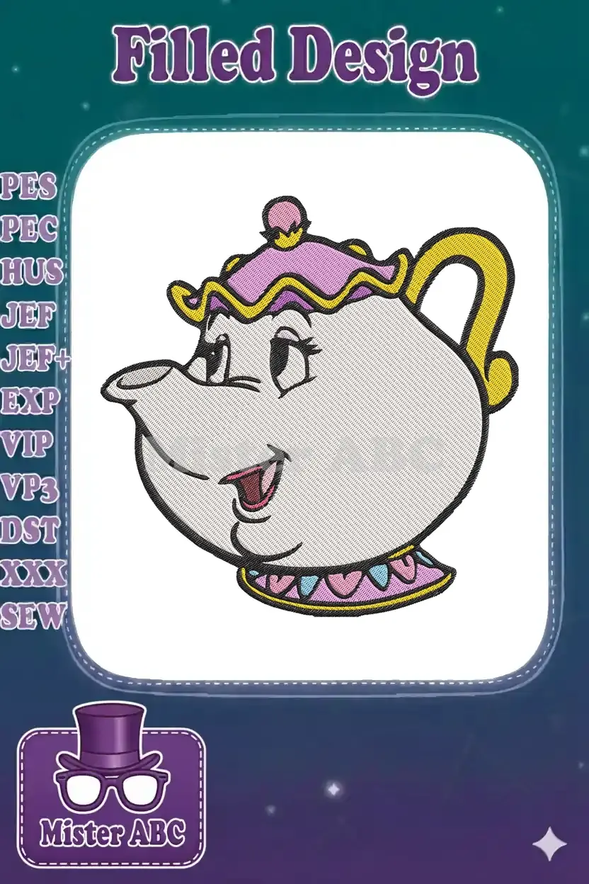 A vibrant, cheerful Mrs. Potts embroidery design with a pink lid, yellow handle, and playful expression.
