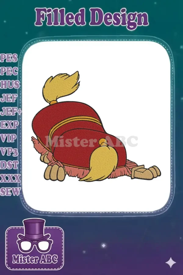 Embroidered design of Abu from Aladdin in his elephant disguise, seen from behind, lying down playfully.